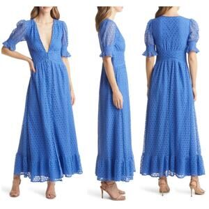Vici Collection NWT Lace Puff Sleeve Maxi Dress Button Front Blue Size M Cottage